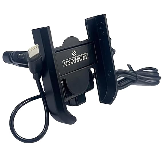 Uno Minda Mobile Holder With Charger/Type-C Connector (12V/24V)/Fast Charging (5V,3A)/360° Rotation/Compact Cable/Metallic Finish/Vibration-Proof & Easy Installation/Fitted On Bike Handle Bar(MHC-001)