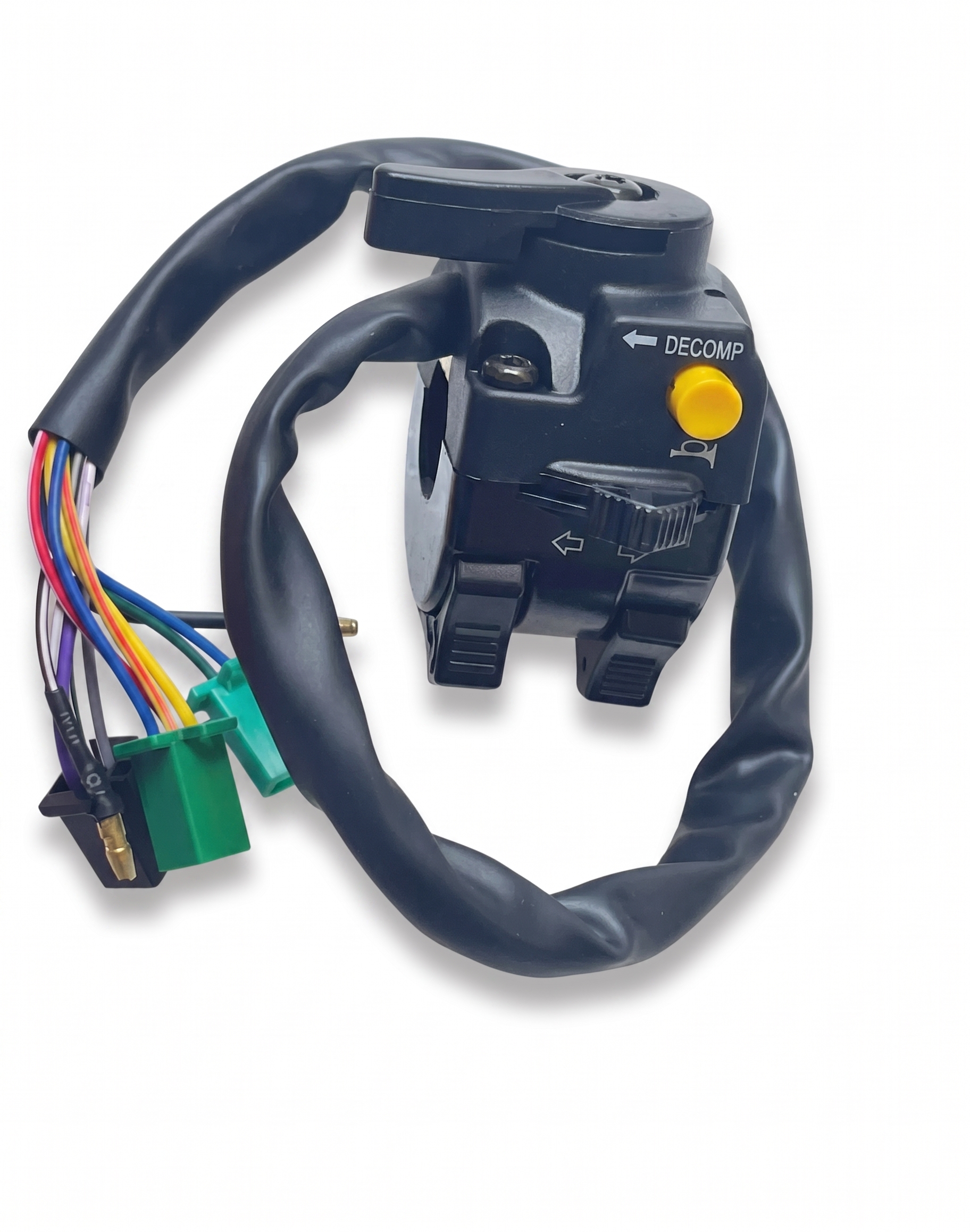 Uno Minda SW-0727D HANDLE BAR SWITCH- LEFT SIDE - WITH LIGHT, DIPPER, HORN, INDICATOR & HORIZONTAL DECOMPRESSION CHOKE - WITH 4 PIN GREEN FEMALE, 4 PIN BLACK FEMALE, 2 PIN GREEN FEMALE COUPLERS, 2 WIRE BULLETS For-ROYAL ENFIELD-MACHISMO 