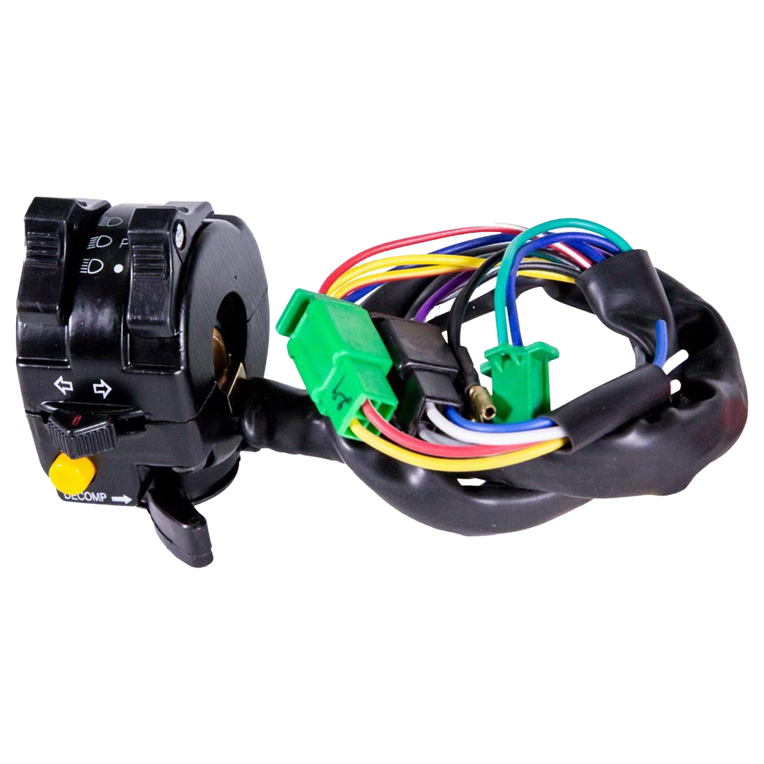 Uno Minda SW-0727E HANDLE BAR SWITCH- LEFT SIDE - WITH LIGHT, DIPPER, HORN, INDICATOR & HORIZONTAL DECOMPRESSION CHOKE - WITH 4 PIN GREEN FEMALE, 4 PIN BLACK FEMALE, 2 PIN GREEN FEMALE COUPLERS, 2 WIRE BULLETS - WITH 2 PIN GREEN MALE & 4 PIN BLACK MALE AD